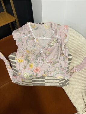 Laura Ashley Soft Pink Floral Wrap Blouse with Lace Trim